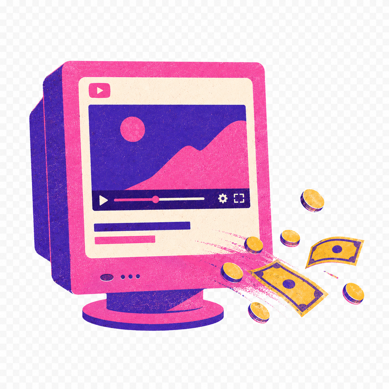 A retro monitor showing a YouTube video with coins and money flying out